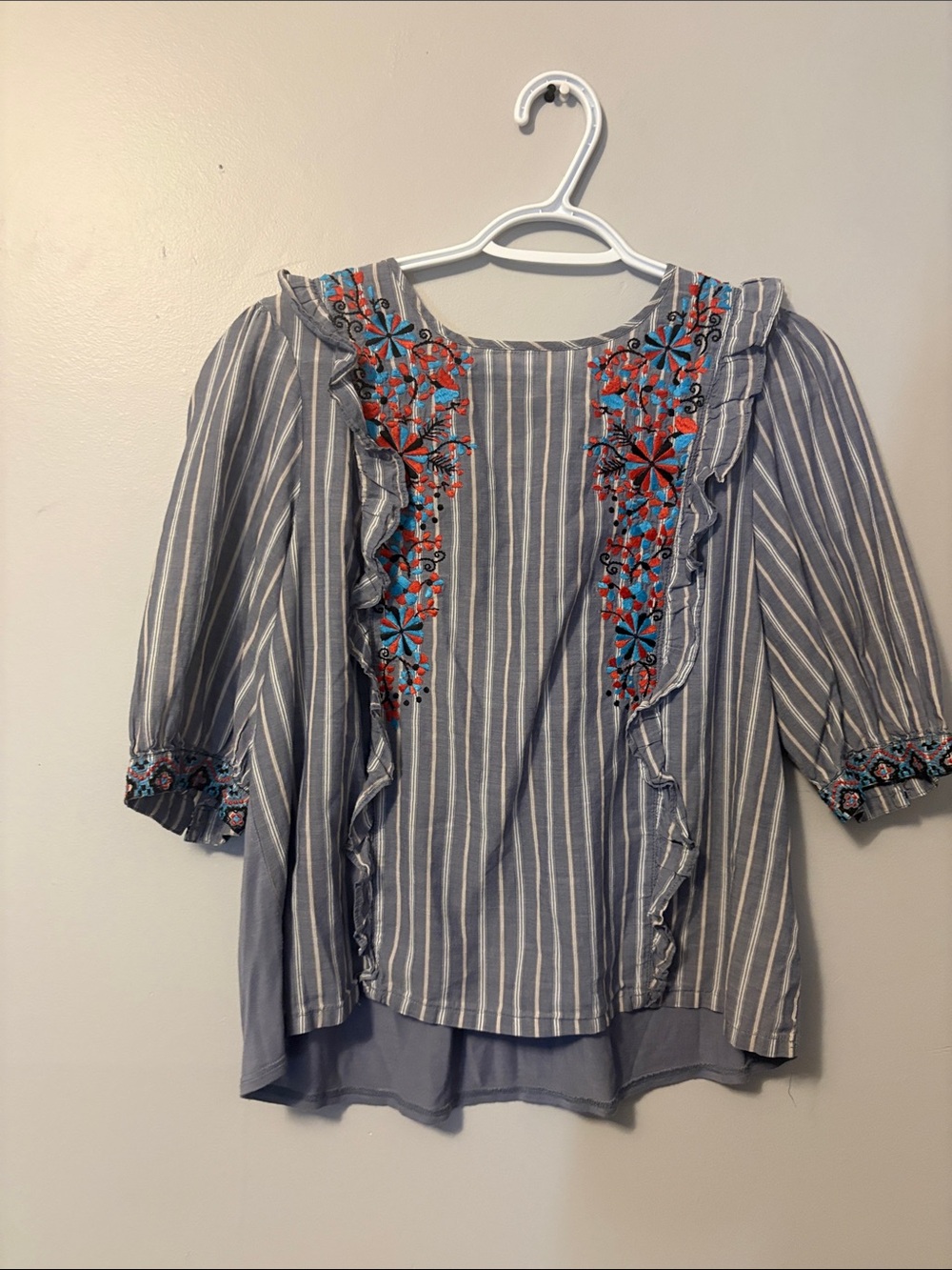 One September Jayden embroidered 3/4 length sleeve ruffle stripe blouse